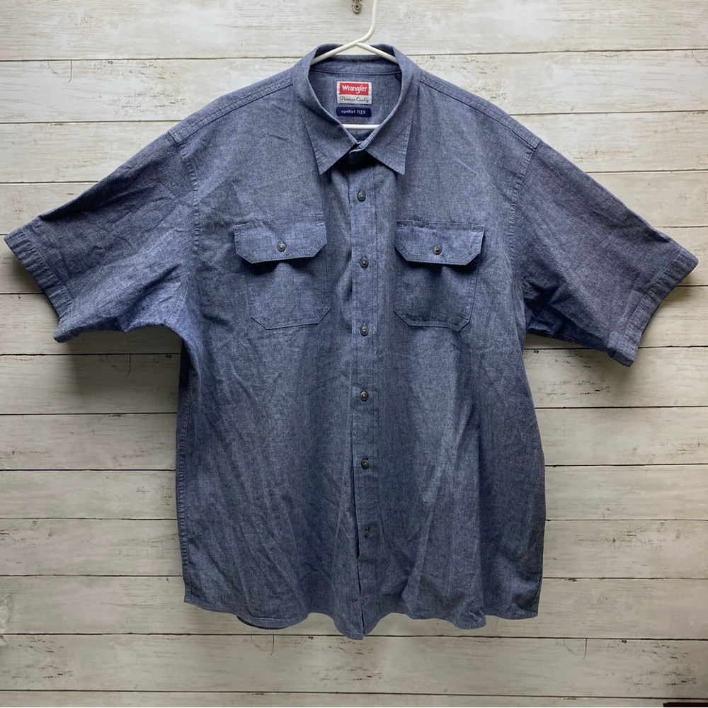 Wrangler Comfort Flex Men 2XL Denim Short Sleeved Button Down Shirt Blue